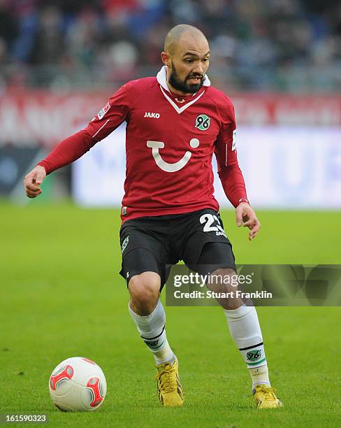 Sofian Chahed of Hannover in action during the Bundesliga match between Hannover 96 and TSG 1899 Hoffenheim at AWD Arena on February 9, 2013 in...