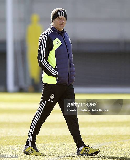 Head coach Jose Mourinho of Real Madrid looks on during a training session ahead of the UEFA Champions League match between Real Madrid CF and...