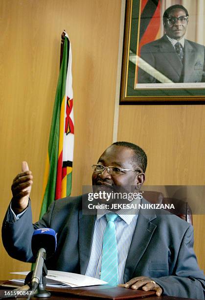 Zimbabwean minister for mines and mining development Obert Mpofu speaks during a press conference on February 12, 2013 in Harare. Mpofu announced...