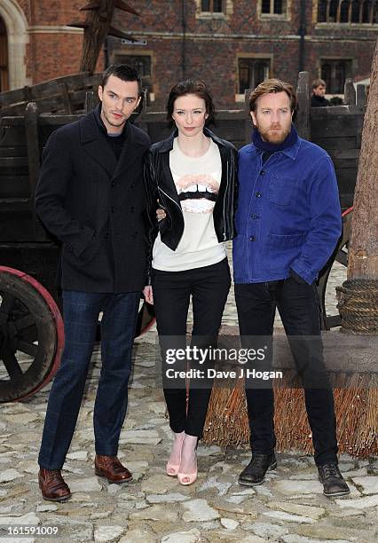 Nicholas Hoult, Eleanor Tomlinson and Ewan McGregor attend a photocall for 'Jack The Giant Slayer' at Hampton Court Palace on February 12, 2013 in...
