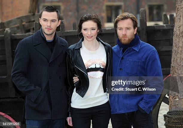 Nicholas Hoult, Eleanor Tomlinson and Ewan McGregor attend a photocall for 'Jack The Giant Slayer' at Hampton Court Palace on February 12, 2013 in...