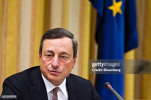 Mario Draghi, president of the European Central Bank , speaks during a news conference at the Spanish Congress in Madrid, Spain, on Tuesday, Feb. 12,...