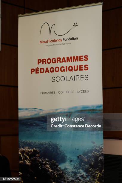 Maud Fontenoy Foundation placard is seen during the Ocean and Environmental Professions at Lycee Louis Le Grand on February 12, 2013 in Paris, France.