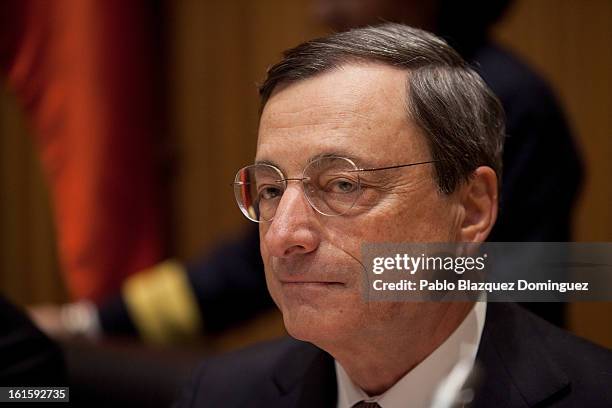 President Mario Draghi attends a meeting at Spain's Parliament on February 12, 2013 in Madrid, Spain. Draghi was invited to visit Spanish lawmakers...