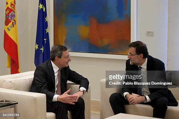 President Mario Draghi meets Spain's Prime Minister Mariano Rajoy at Moncloa Palace on February 12, 2013 in Madrid, Spain. Draghi was invited to...