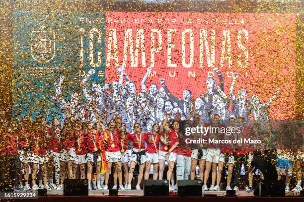 The players of the Spanish women's soccer team celebrating with their fans the FIFA Women's World Cup 2023 championship title. Spain won their first...