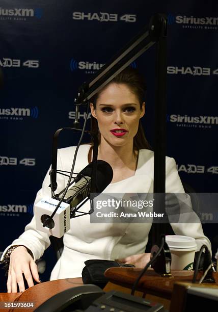 Models Coco Rocha and Karolina Kurkova pose with the host of Shade 45 Sirius XM morning show Sway Calloway at SiriusXM Studios on February 12, 2013...