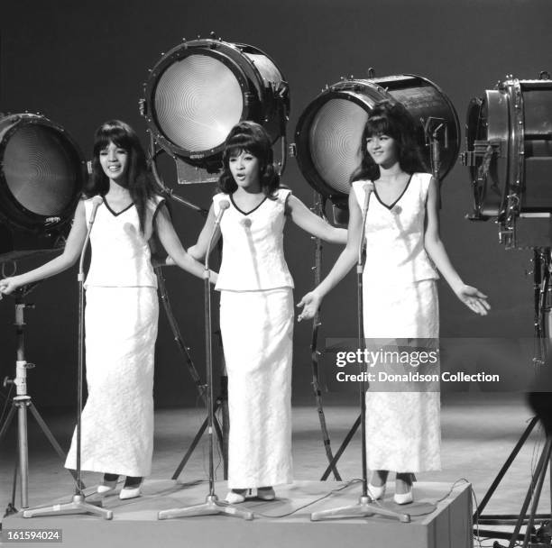 Girl group The Ronettes perform on the NBC TV music show 'Hullabaloo' in December 1965 in New York City, New York.