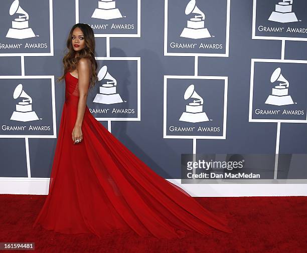 Rihanna arrives at the 55th Annual Grammy Awards at the Staples Center on February 10, 2013 in Los Angeles, California.