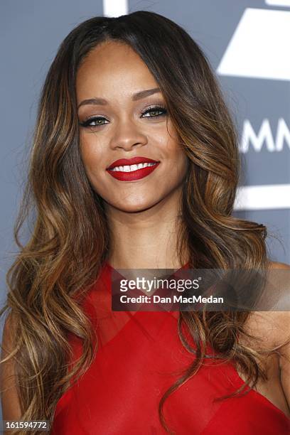 Rihanna arrives at the 55th Annual Grammy Awards at the Staples Center on February 10, 2013 in Los Angeles, California.