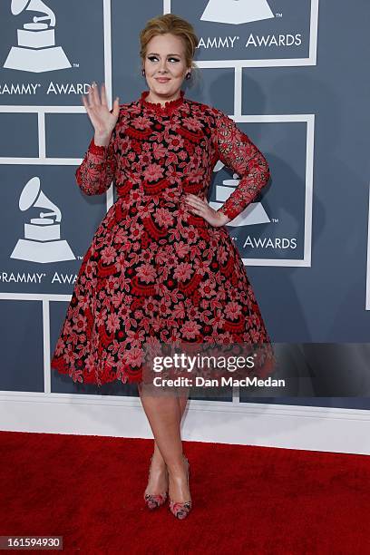 Adele arrives at the 55th Annual Grammy Awards at the Staples Center on February 10, 2013 in Los Angeles, California.