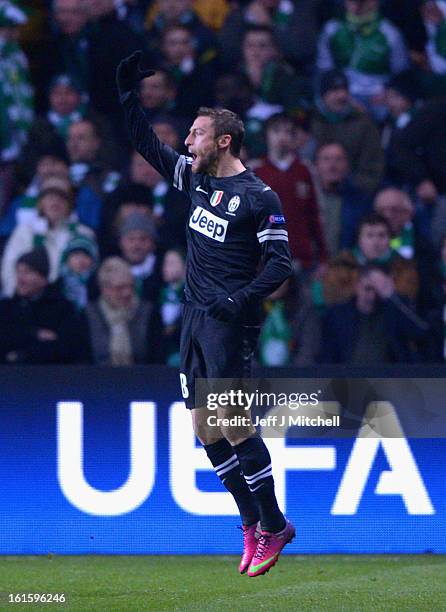 Alessandro Matri of Juventus celebrates scoring the opening goal during the UEFA Champions League Round of 16 first leg match between Celtic and...