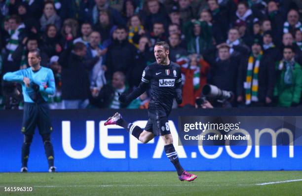 Alessandro Matri of Juventus celebrates scoring the opening goal during the UEFA Champions League Round of 16 first leg match between Celtic and...