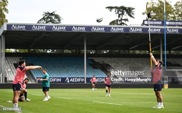 Bayonne , France - 22 August 2023; Tom Stewart throws a lineout to Diarmuid Barron during an Ireland rugby squad training session at Parc des Sports...