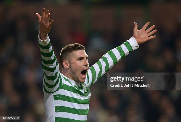 Gary Hooper of Celtic reacts during the UEFA Champions League Round of 16 first leg match between Celtic and Juventus at Celtic Park Stadium on...