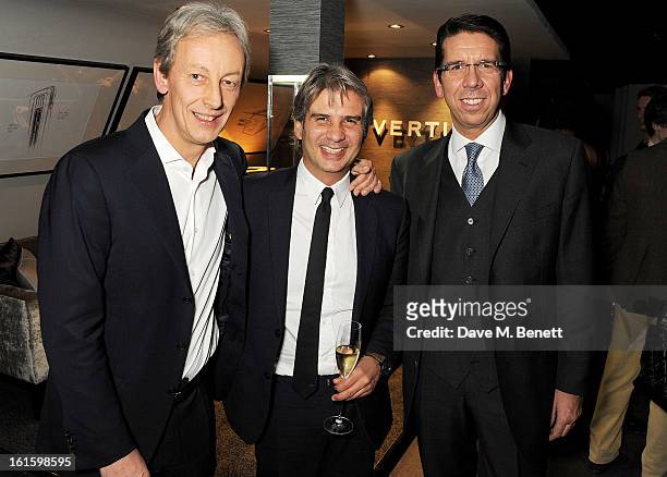 Vertu CEO Perry Oosting, Alessandro Fabrini and Vertu CMO Massimiliano Pogliani attend the launch of the Vertu Ti at the London Film Museum, Covent...