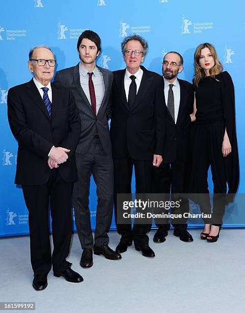 Composer Ennio Morricone, actor Jim Sturgess, actor Geoffrey Rush, director Giuseppe Tornatore and actress Sylvia Hoeks attend the 'The Best Offer'...