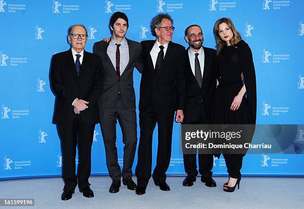 Composer Ennio Morricone, actor Jim Sturgess, actor Geoffrey Rush, director Giuseppe Tornatore and actress Sylvia Hoeks attend the 'The Best Offer'...