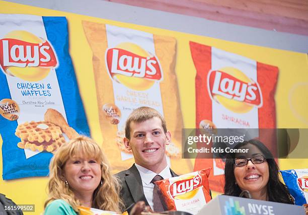 Karen Weber-Mendham, Christina Abu-Judom and Tyler Raineri pose for a photo during the NYSE Celebrates Lay's "Do Us a Flavor" Contest Finalists...