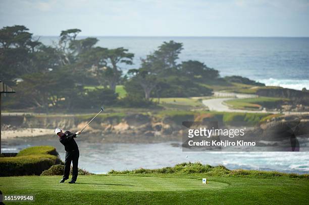 Pebble Beach National Pro-Am: Scenic view of Rod Pampling in action, drive during Friday play at Pebble Beach Golf Links. Pebble Beach, CA 2/8/2013...