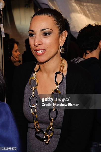 News correspondent Michelle Miller backstage at the Adeam Fall 2013 presentation during Mercedes-Benz Fashion Week at The Box at Lincoln Center on...