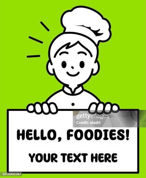 a chef boy is happily holding a blank sign, looking at the viewer, minimalist style, black and white outline - australian cafe stock illustrations