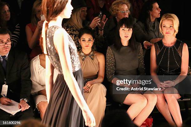 Actress Vanessa Hudgens, guest, and actress Katherine Heigl attend the TRESemme At Jenny Packham Fall 2013 fashion show during Mercedes-Benz Fashion...