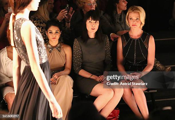 Actress Vanessa Hudgens, guest, and actress Katherine Heigl attend the TRESemme At Jenny Packham Fall 2013 fashion show during Mercedes-Benz Fashion...