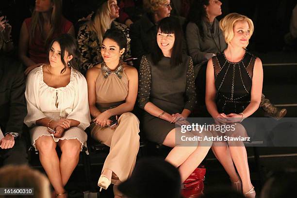 Gymnast Alexandra Raisman, actress Vanessa Hudgens, guest, and actress Katherine Heigl attend the TRESemme At Jenny Packham Fall 2013 fashion show...