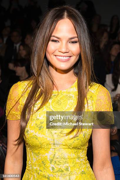 Model Chrissy Teigen attends Vera Wang during fall 2013 Mercedes-Benz Fashion Week at The Stage at Lincoln Center on February 12, 2013 in New York...