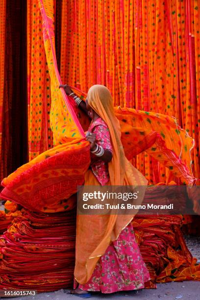 india, rajasthan, sari factory - madras indien stock pictures, royalty-free photos & images