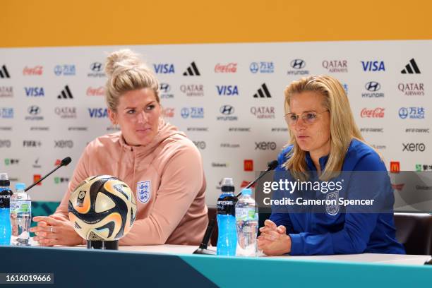 Millie Bright and Sarina Wiegman, Head Coach of England, speak to the media during an England Press Conference during the FIFA Women's World Cup...