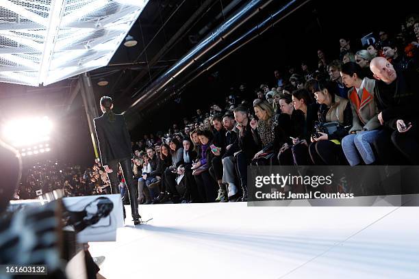 Model walks the runway at the Diesel Black Gold Fall 2013 fashion show during Mercedes-Benz Fashion Week at Pier 57 on February 12, 2013 in New York...