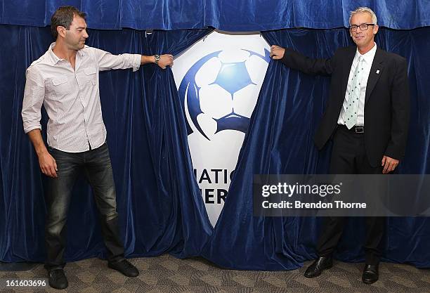 Sydney United Coach, Mark Rudan and FFA CEO, David Gallop unveil the National Premier League logo during a FFA press conference on February 13, 2013...