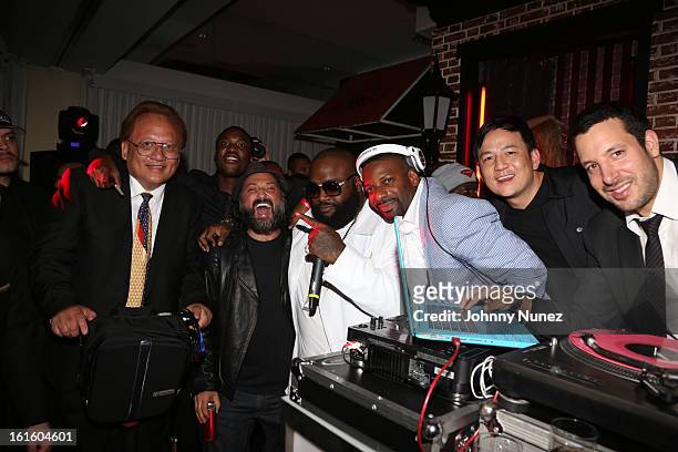 Kevin Lee, Meek Mill, Mr.Brainwash, Rick Ross, DJ Irie, Kevin Lee and DJ Cobra attend House Of Hype Monster Grammy Party at House Of Hype on February...