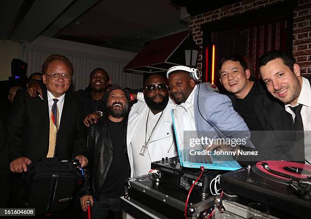 Kevin Lee, Meek Mill, Mr.Brainwash, Rick Ross, DJ Irie, Kevin Lee and DJ Cobra attend House Of Hype Monster Grammy Party at House Of Hype on February...