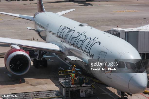 General view of an aircraft of Virgin altlantic airline is seen parked at Pudong international airport in Shanghai, China on August 21, 2023