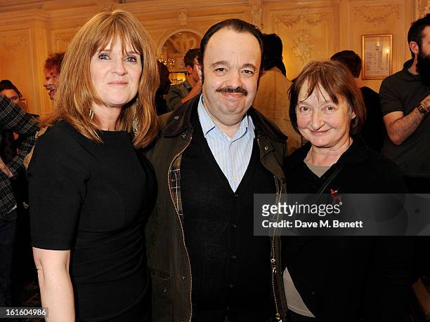 Siobhan Finneran, Hugh Sachs and Janine Duvitski attend an after party celebrating the new cast of 'One Man, Two Guvnors' at the Theatre Royal...