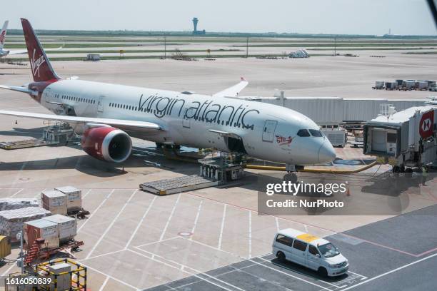 General view of an aircraft of Virgin altlantic airline is seen parked at Pudong international airport in Shanghai, China on August 21, 2023