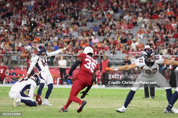 Place kicker Brett Maher of the Denver Broncos attempts a field goal against the Arizona Cardinals during the NFL game at State Farm Stadium on...