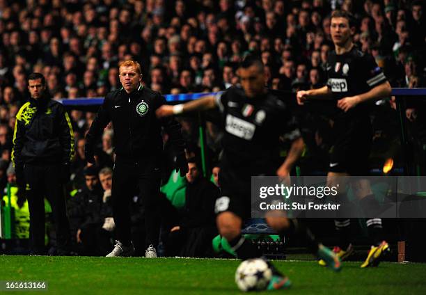 Celtic manager Neil Lennon reacts during the UEFA Champions League Round of 16 first leg match between Celtic and Juventus at Celtic Park Stadium on...