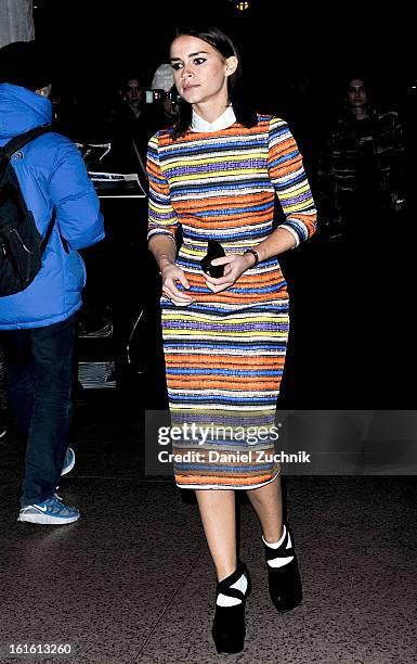 Miroslava Duma seen arriving to the Oscar de la Renta show wearing a Tata Naka dress on February 12, 2013 in New York City.