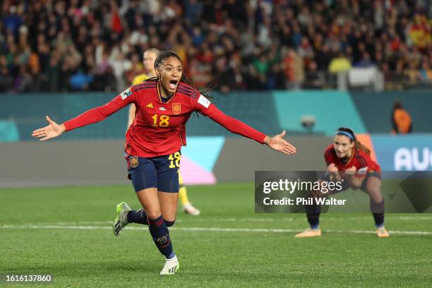 Salma Paralluelo of Spain celebrates after scoring her team's first goal during the FIFA Women's World Cup Australia & New Zealand 2023 Semi Final...