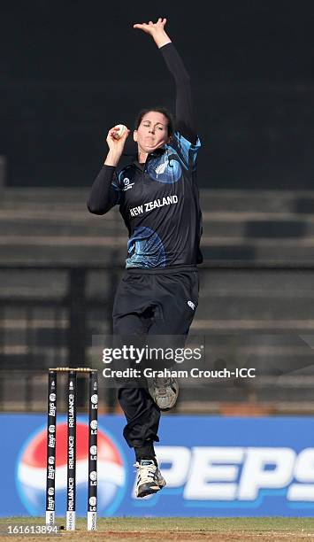 Nicola Browne of New Zealand bowling during of the Super Sixes ICC Women's World Cup India 2013 match between New Zealand and England at the Cricket...