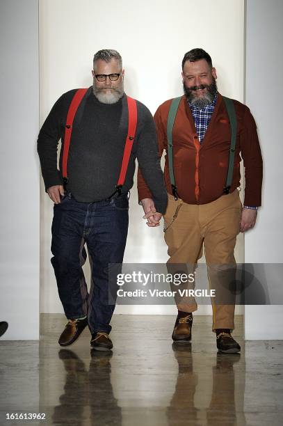 Designers Jeffrey Costello and Robert Tagliapietra walk the runway at the Costello Tagliapietra Ready to Wear Fall/Winter 2013-2014 fashion show...