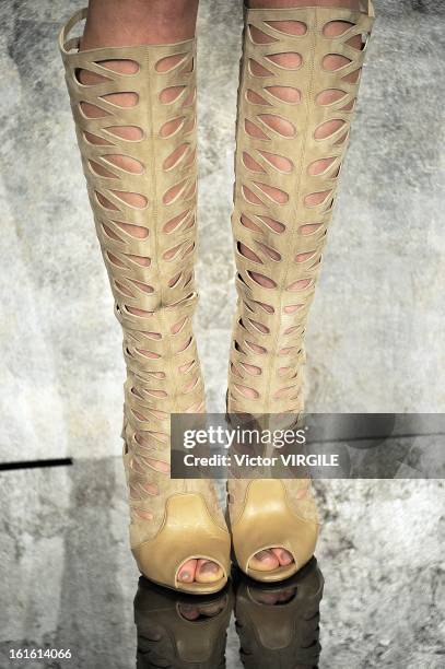 Model poses during the La Perla fall 2013 presentation during Mercedes-Benz Fashion Week at The Gallery at The Dream Downtown Hotel on February 7,...