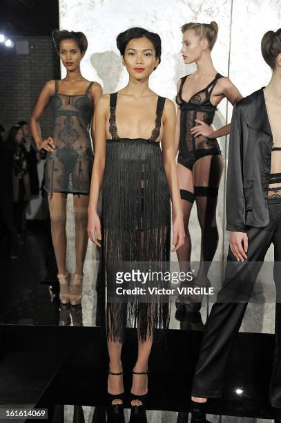 Model poses during the La Perla fall 2013 presentation during Mercedes-Benz Fashion Week at The Gallery at The Dream Downtown Hotel on February 7,...