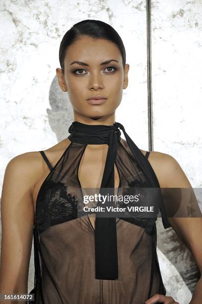 Model poses during the La Perla fall 2013 presentation during Mercedes-Benz Fashion Week at The Gallery at The Dream Downtown Hotel on February 7,...