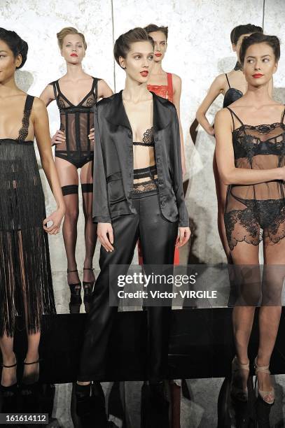 Model poses during the La Perla fall 2013 presentation during Mercedes-Benz Fashion Week at The Gallery at The Dream Downtown Hotel on February 7,...