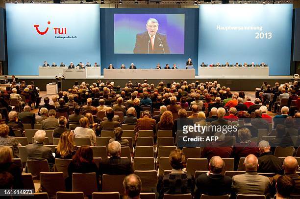 Klaus Mangold, Chairman of the board of German tourism giant TUI, speaks during the company's gerneral meeting in Hanover,northern Germany, on...